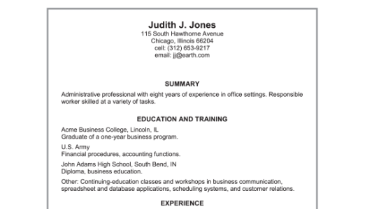 Example from QUICK Resume Guide